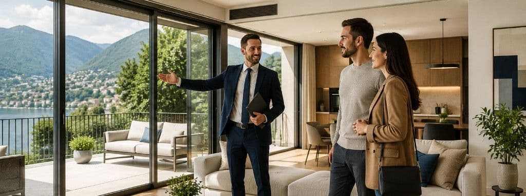 Consulente immobiliare in visita con clienti in un appartamento sul Lago di Como